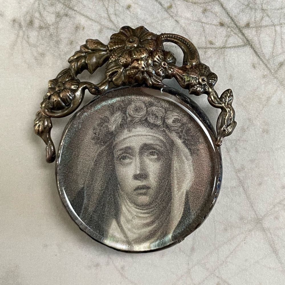 Virgin Mary French Brocante reliquary glass soldered pendant